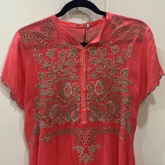 Johnny Was Beautiful Britta coral Tunic Top, with embroidery size S NWT . - Picture 4 of 16